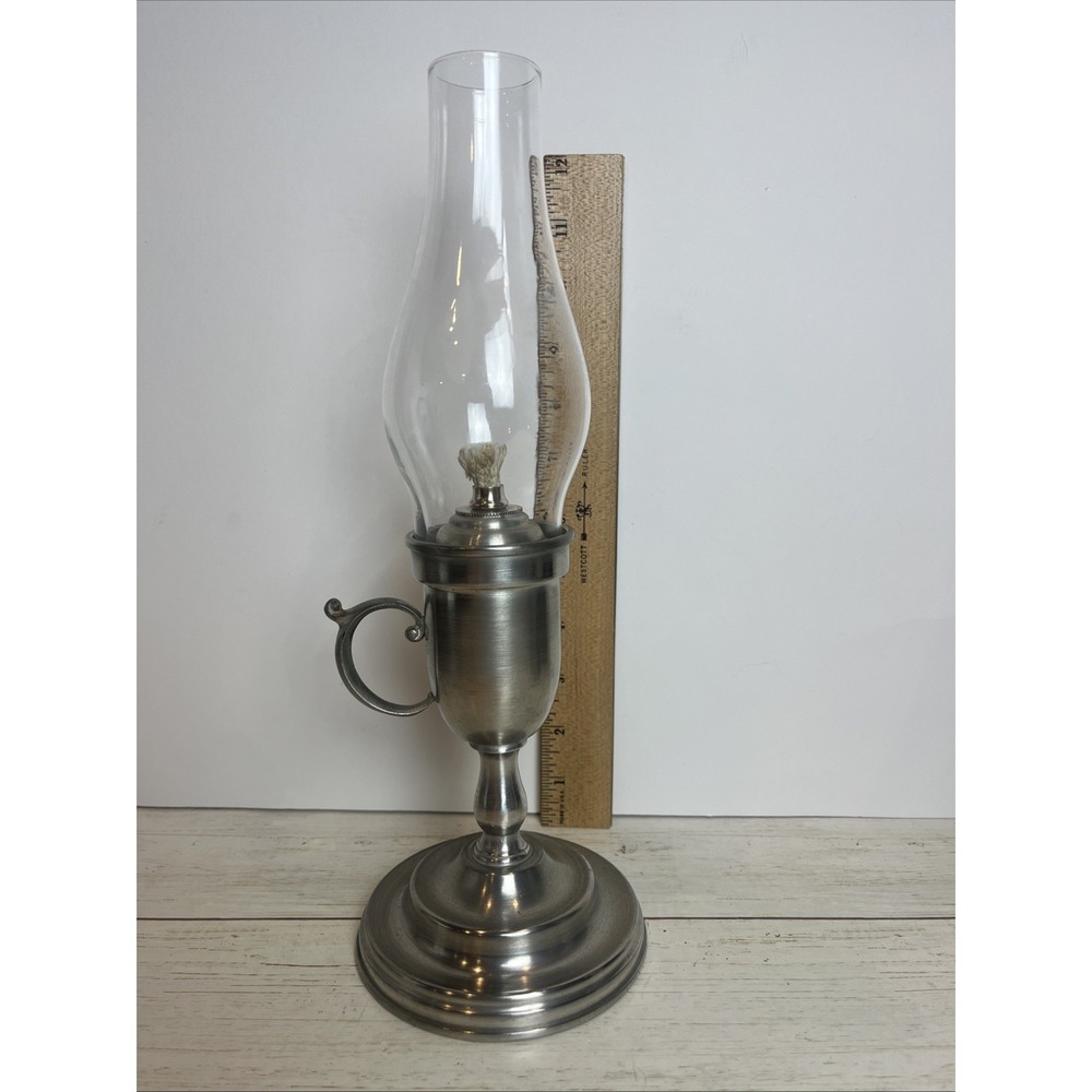 Village Pewter Whale Oil Lamp Signed DW Handmade Original Chimney VGUC